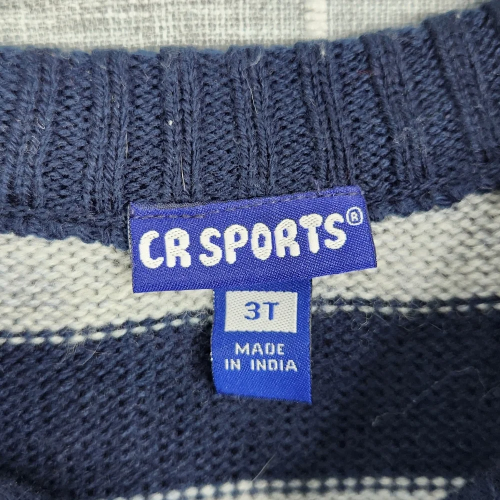 CR Sports Navy and Gray Striped Sweater with Fire Truck